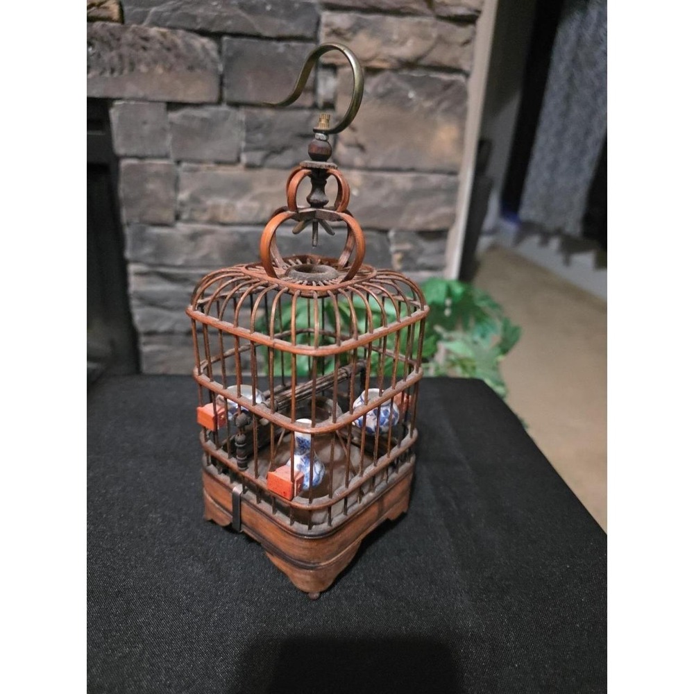 Early 1900's Chinese Bamboo Hand Carved Bird Cage with Porcelain Feed Bowls